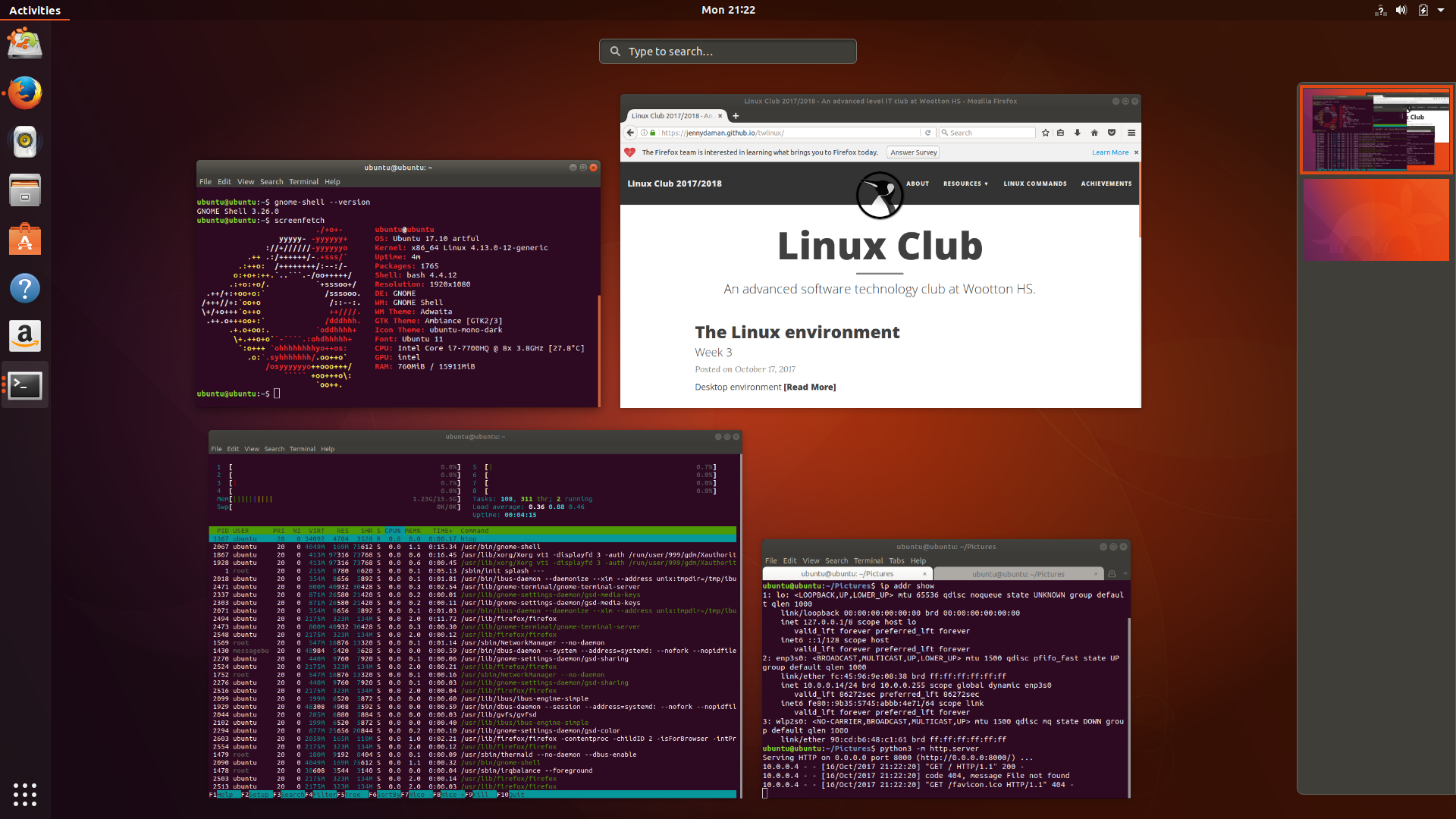 Screenshot of Ubuntu 17.10 beta2 activities overview